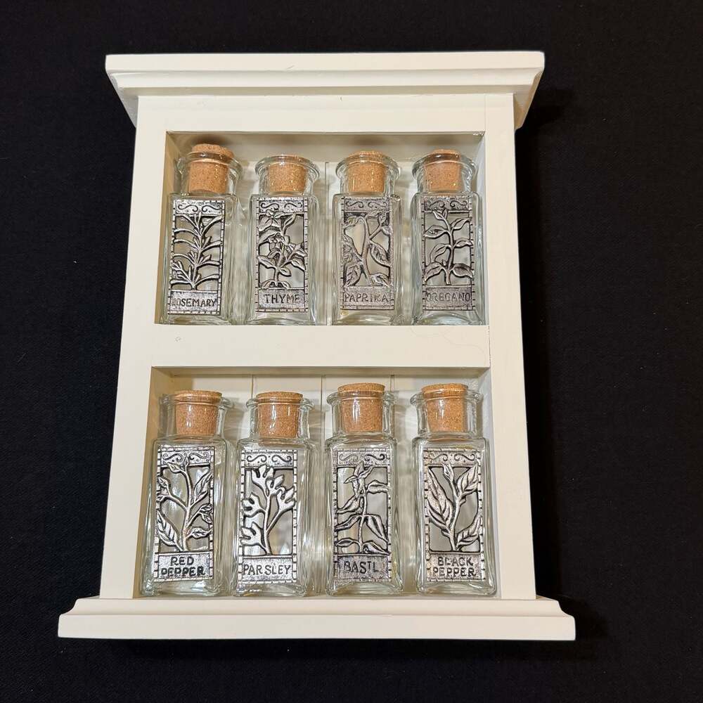 Pewter Overlay Spice Jar Collection Set of 8 w/ Wood Rack